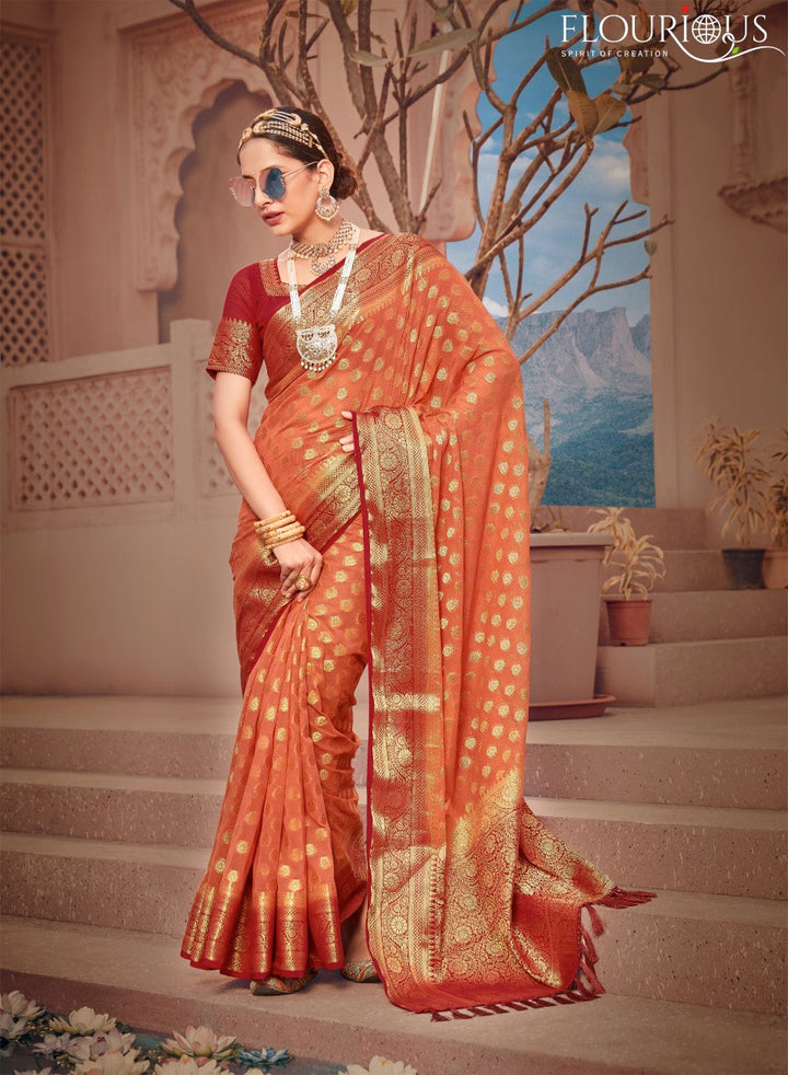 FLOURIOUS Women's Pure Viscose Georgette Saree with Unstitched Blouse Piece - Zari Woven Work Sarees for Women