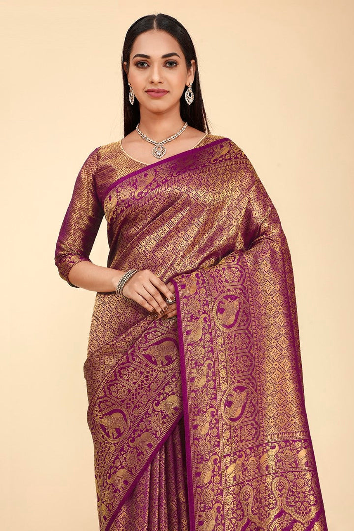 FLOURIOUS Women's Kanjivaram silk Saree with Unstitched Blouse Piece For Wedding