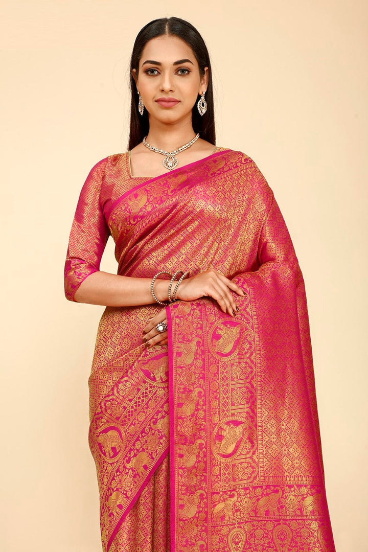 FLOURIOUS Women's Kanjivaram silk Saree with Unstitched Blouse Piece For Wedding