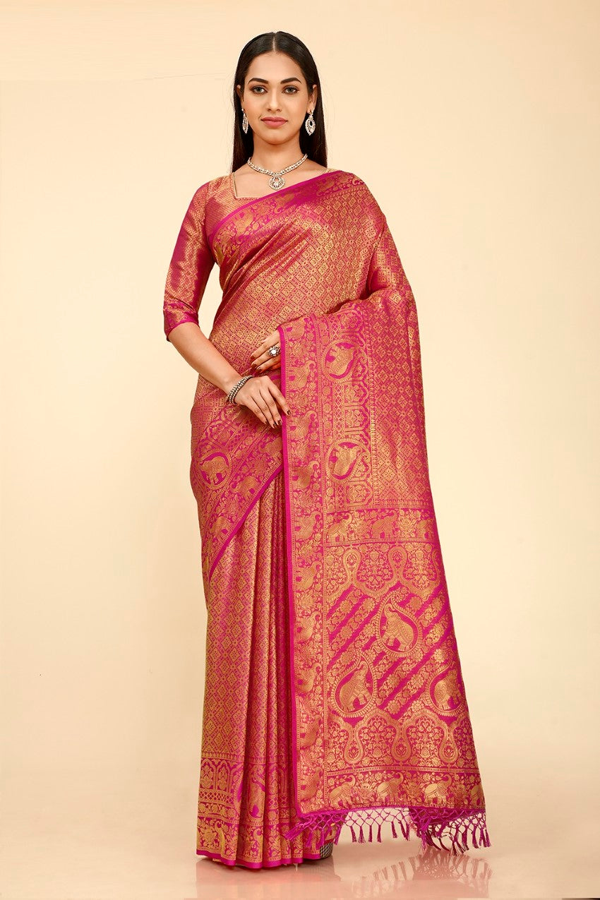 FLOURIOUS Women's Kanjivaram silk Saree with Unstitched Blouse Piece For Wedding