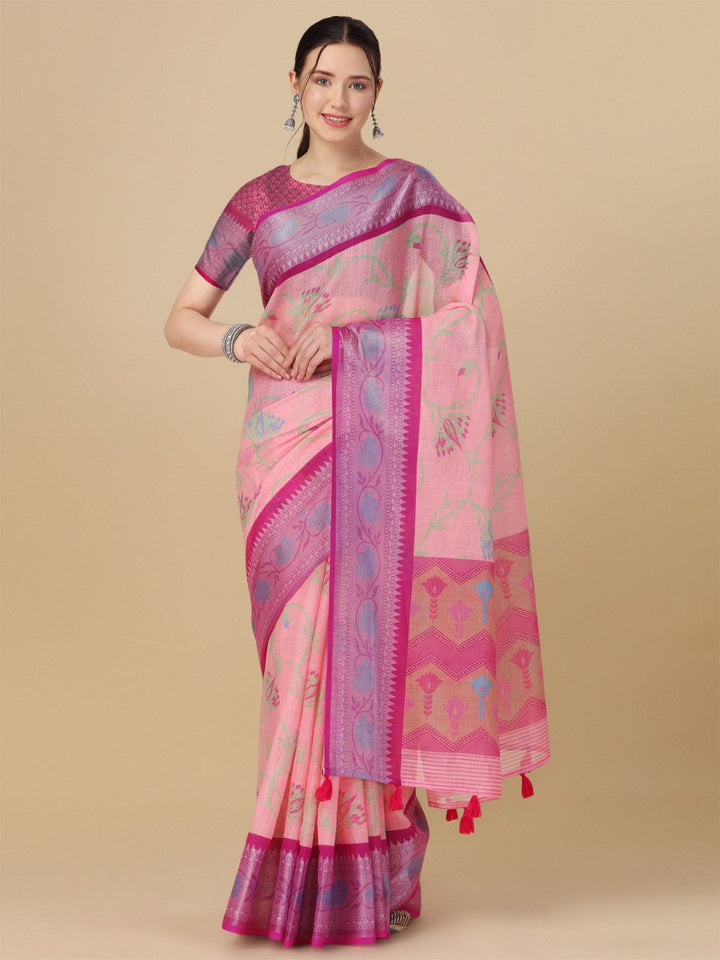 Flourious Designer Linen 7x7 Patta Saree for women with Digital Floral Print Work