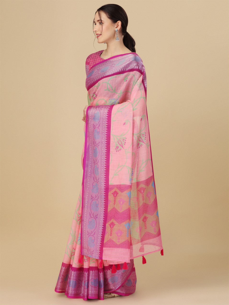 Flourious Designer Linen 7x7 Patta Saree for women with Digital Floral Print Work