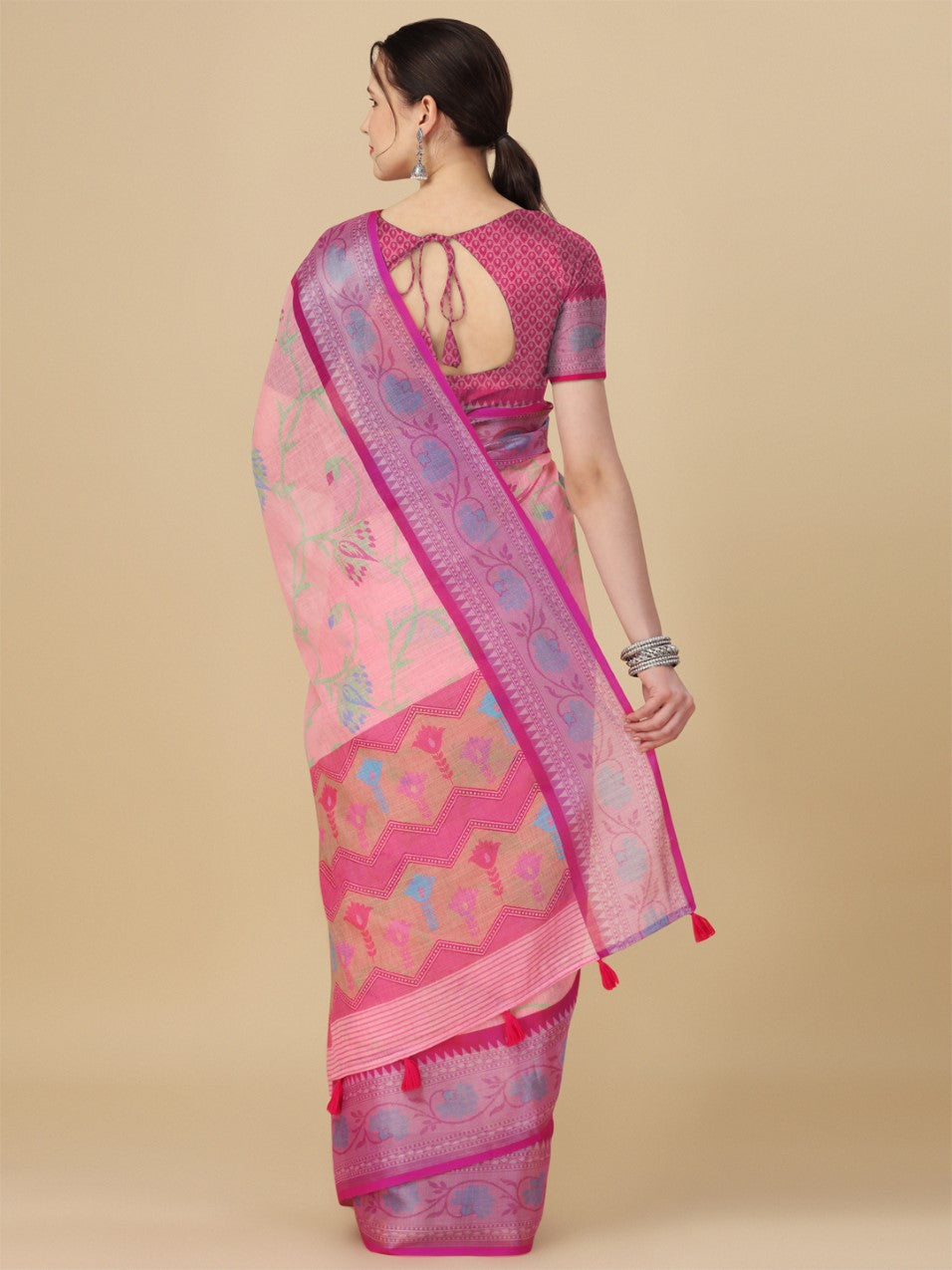 Flourious Designer Linen 7x7 Patta Saree for women with Digital Floral Print Work