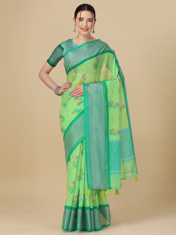 Flourious Designer Linen 7x7 Patta Saree for women with Digital Floral Print Work