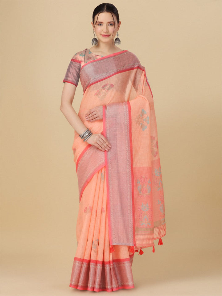 Flourious Designer Linen 7x7 Patta Saree for women with Digital Floral Print Work