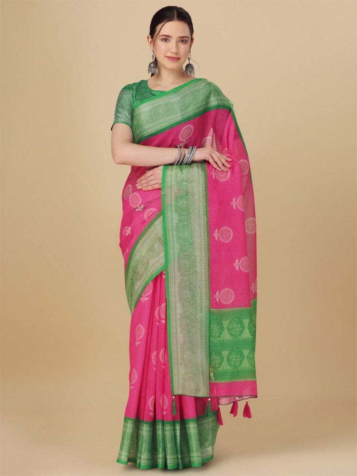 Flourious Designer Linen 7x7 Patta Saree for women with Digital Floral Print Work