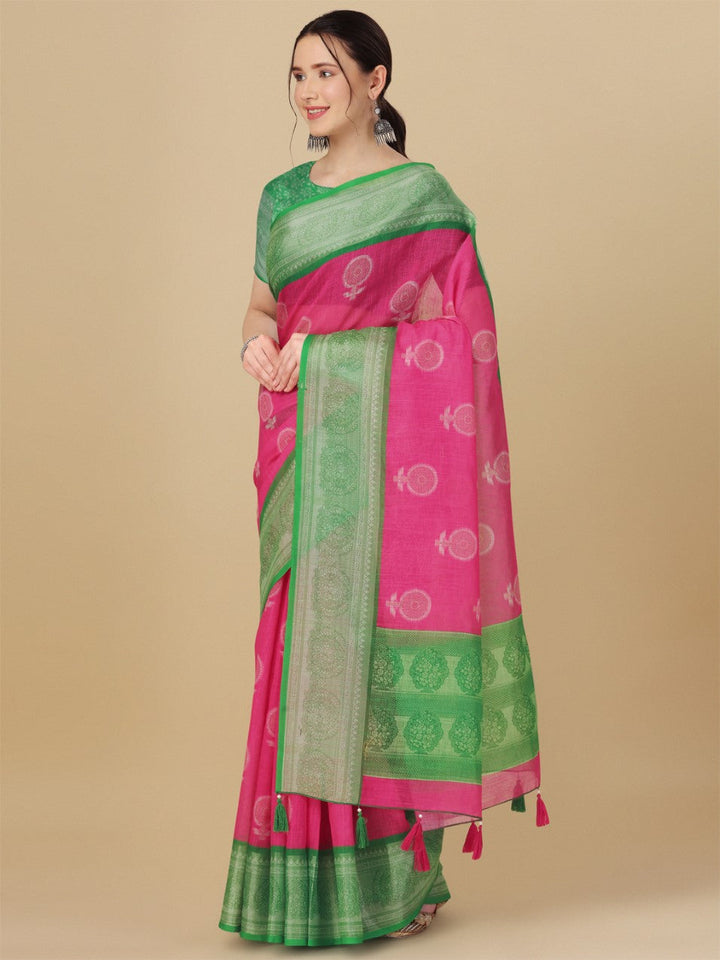 Flourious Designer Linen 7x7 Patta Saree for women with Digital Floral Print Work