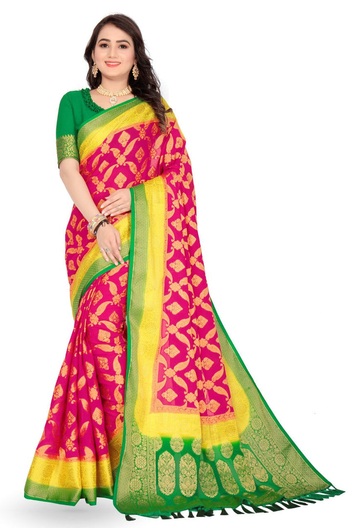 FLOURIOUS Women's Georgette Pure Saree with Unstitched Blouse Piece - Zari Woven Work Sarees for Women