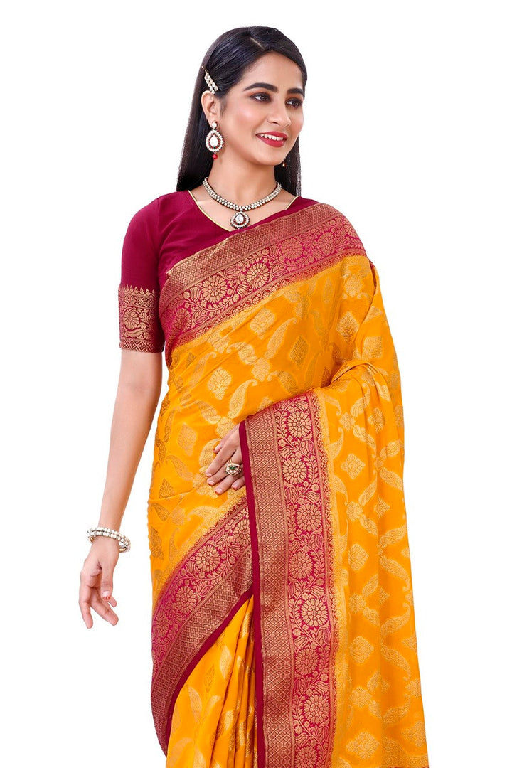 FLOURIOUS Women's Georgette Pure Saree with Unstitched Blouse Piece - Zari Woven Work Sarees for Women