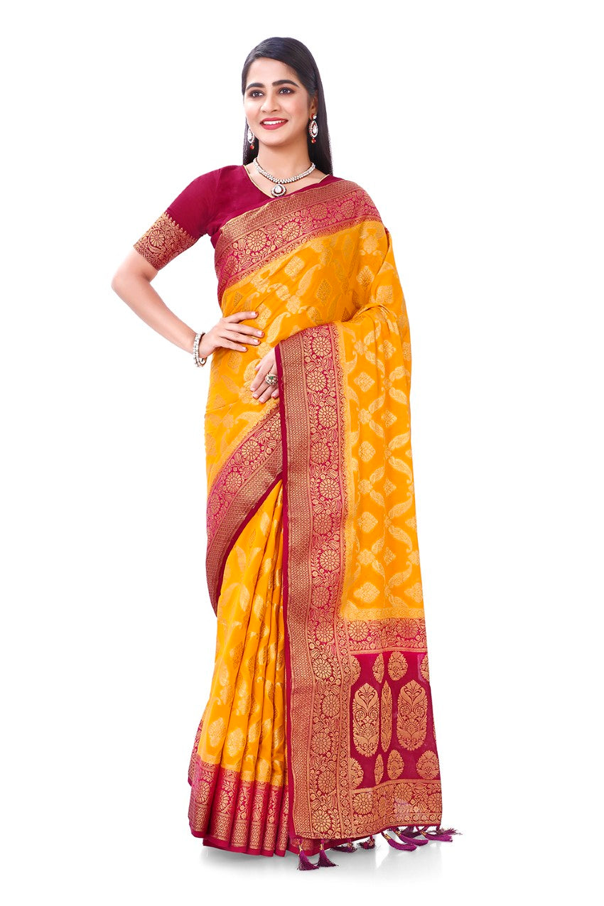 FLOURIOUS Women's Georgette Pure Saree with Unstitched Blouse Piece - Zari Woven Work Sarees for Women