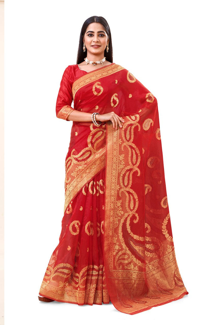 FLOURIOUS Women's Pure Organza Saree for Women with Unstitched Blouse Piece