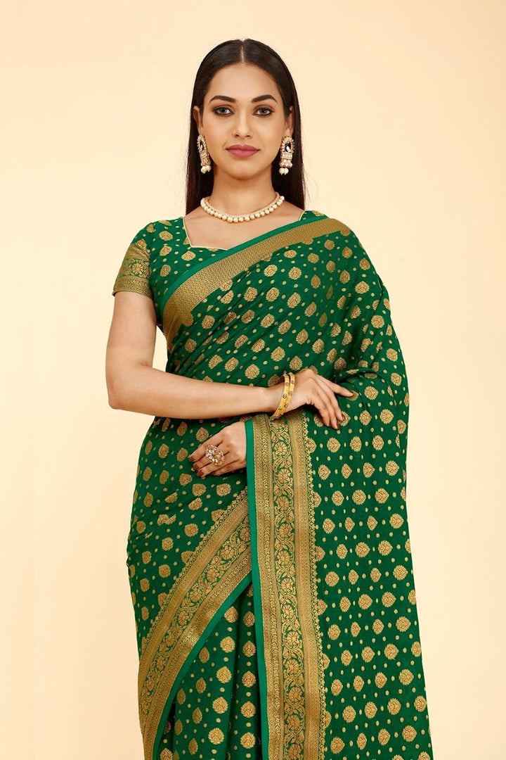 FLOURIOUS Women's Georgette Pure Saree with Unstitched Blouse Piece- Zari Woven Work Sarees for Women