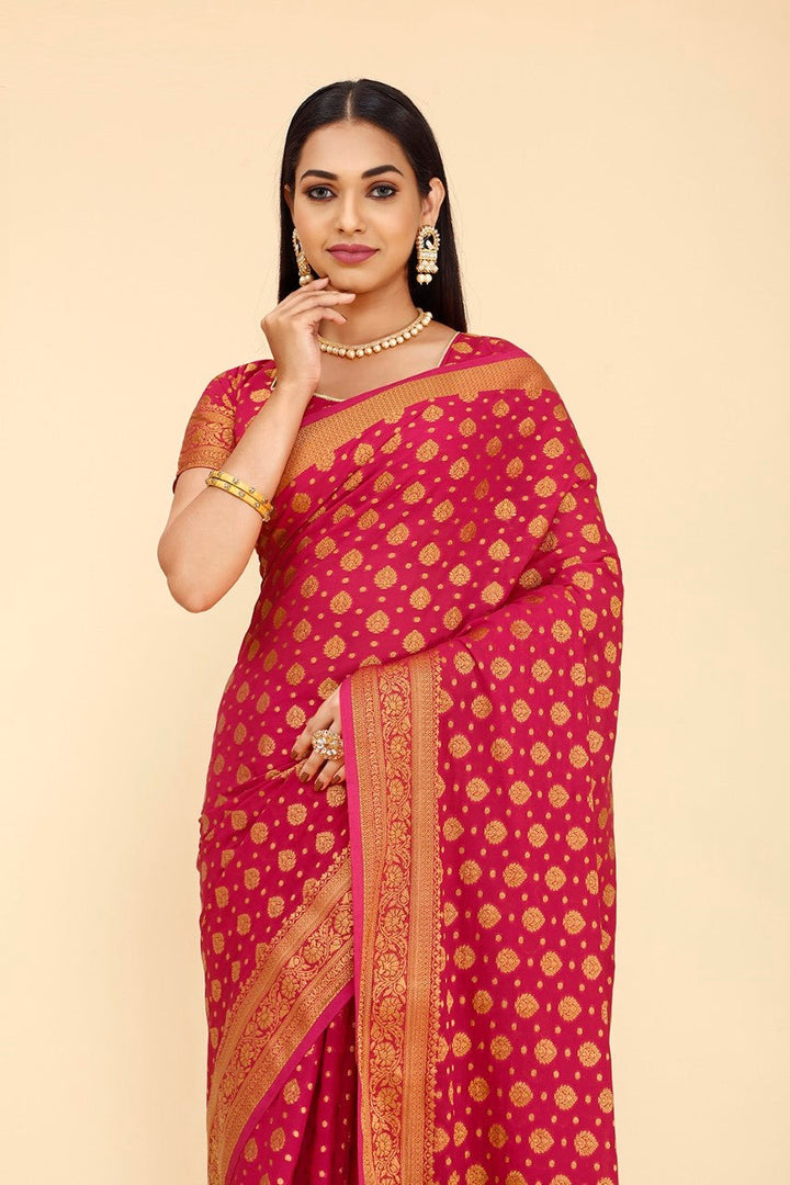 FLOURIOUS Women's Georgette Pure Saree with Unstitched Blouse Piece- Zari Woven Work Sarees for Women