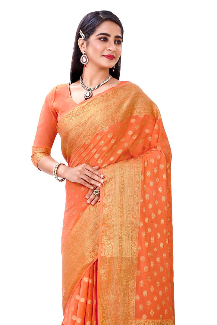 FLOURIOUS Women's Georgette Pure Saree with Unstitched Blouse Piece