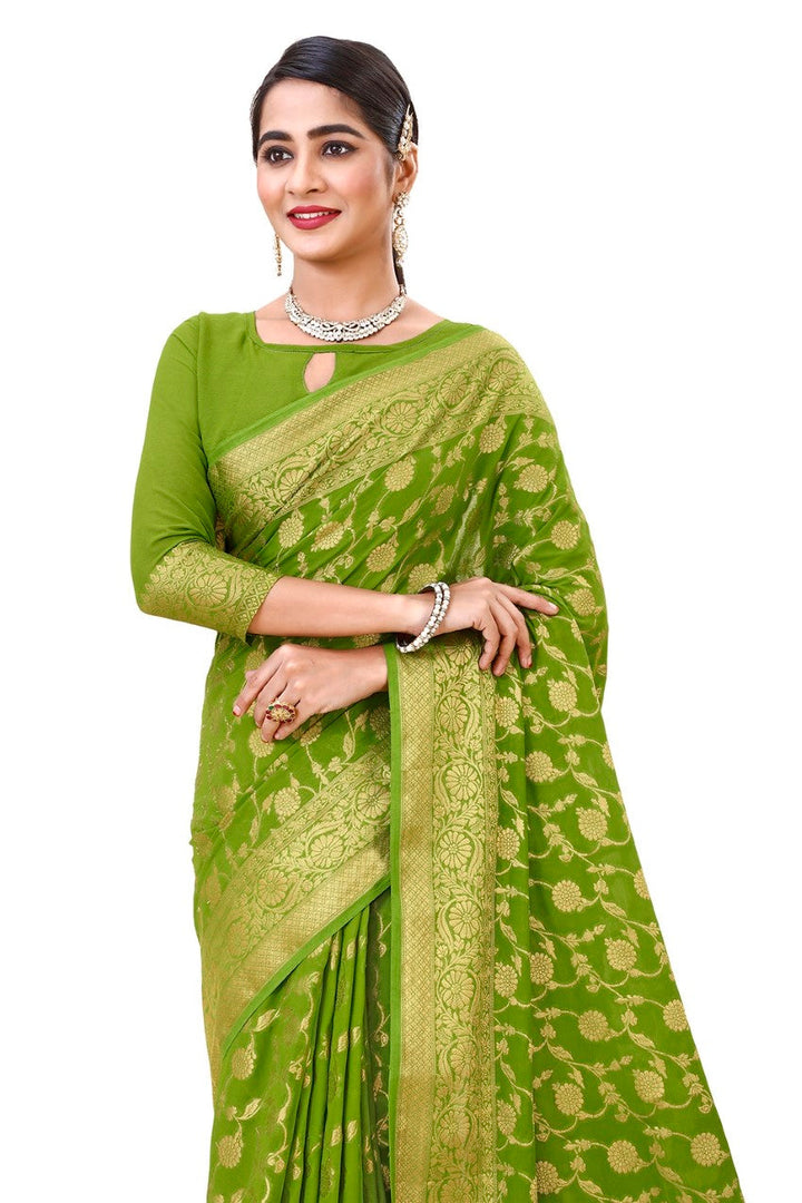 FLOURIOUS Women's Georgette Pure Viscos Saree with Unstitched Blouse Piece - Zari Woven Work Sarees for Women