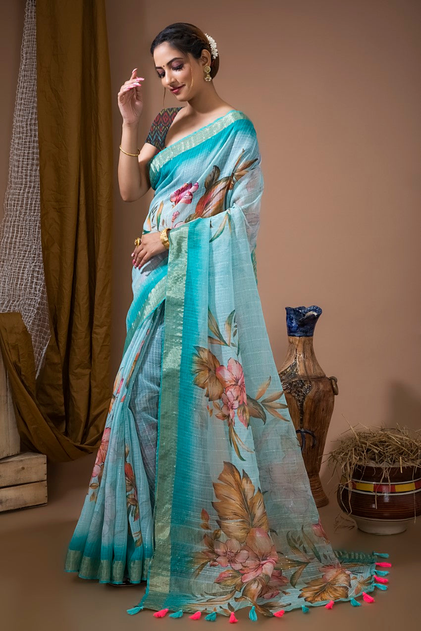 Code:6633 - Price INR:7300/- , Digital Printed Organza Saree. | Floral  print sarees, Organza saree, Saree floral