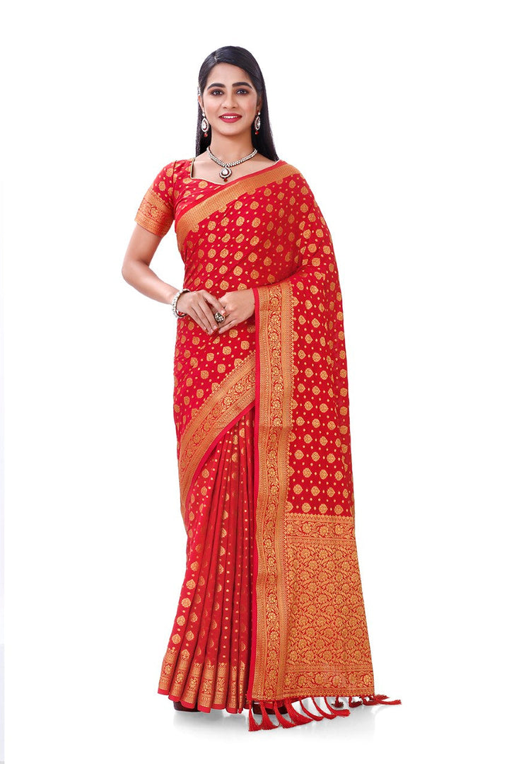 FLOURIOUS Women's Georgette Pure Saree with Unstitched Blouse Piece- Zari Woven Work Sarees for Women