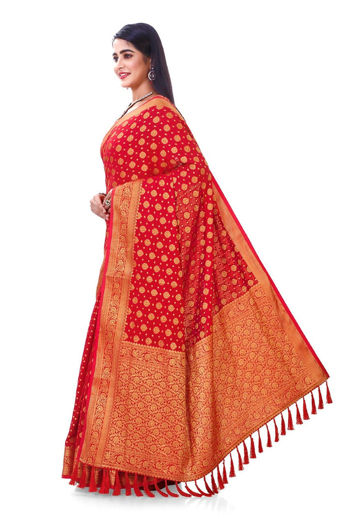 FLOURIOUS Women's Georgette Pure Saree with Unstitched Blouse Piece- Zari Woven Work Sarees for Women