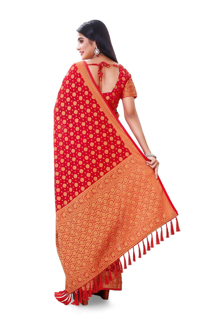 FLOURIOUS Women's Georgette Pure Saree with Unstitched Blouse Piece- Zari Woven Work Sarees for Women