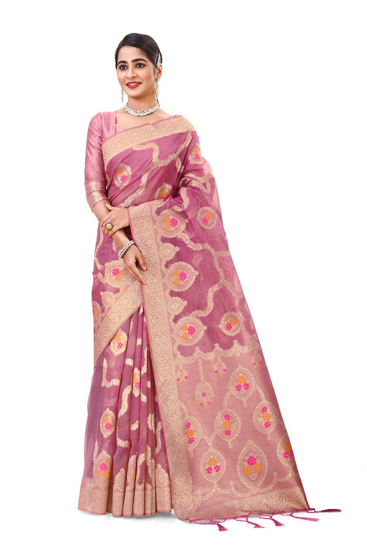 FLOURIOUS Women's Pure Organza Saree for Women with Unstitched Blouse Piece