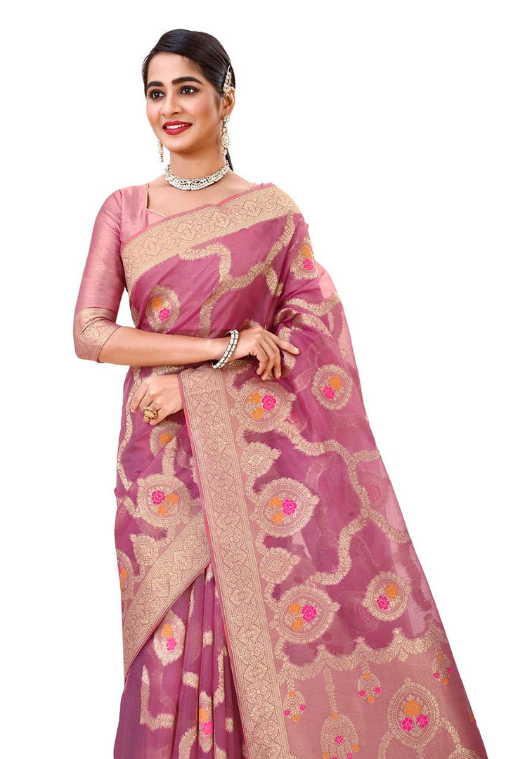 FLOURIOUS Women's Pure Organza Saree for Women with Unstitched Blouse Piece