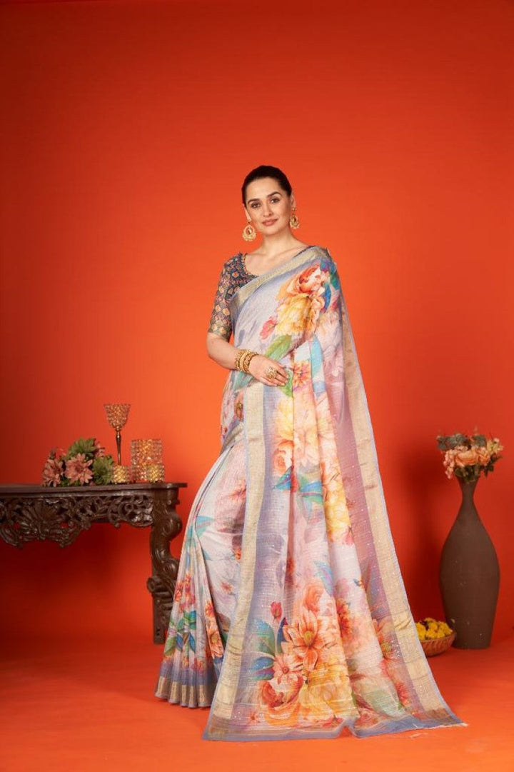 Flourious Designer Digital Sequence Saree for women with Digital Floral Print Work