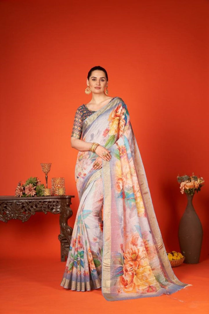 Flourious Designer Digital Sequence Saree for women with Digital Floral Print Work